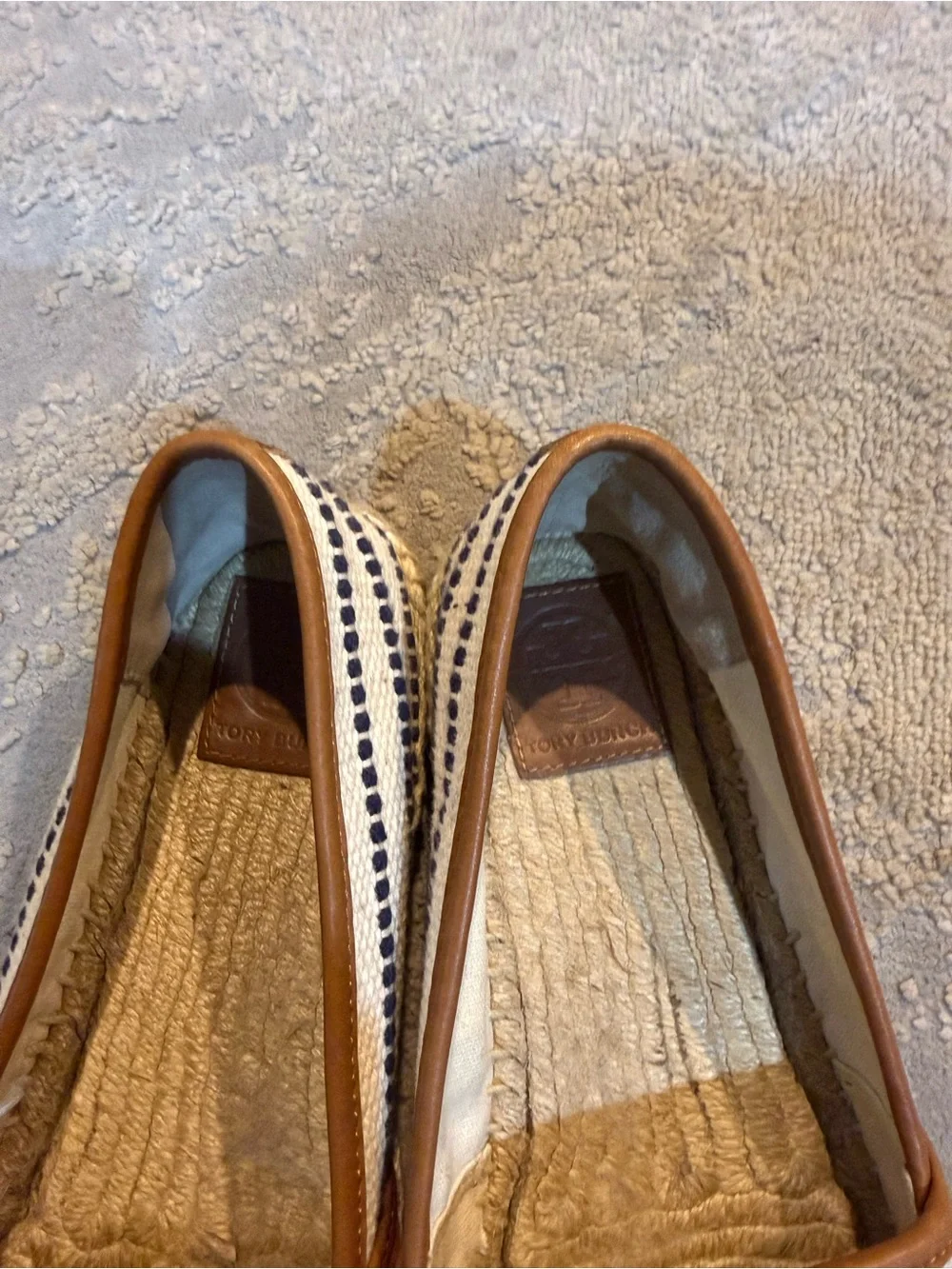 Tory Burch Shaw Fringe Espadrilles Navy Cream Stripe Slip On 10.5